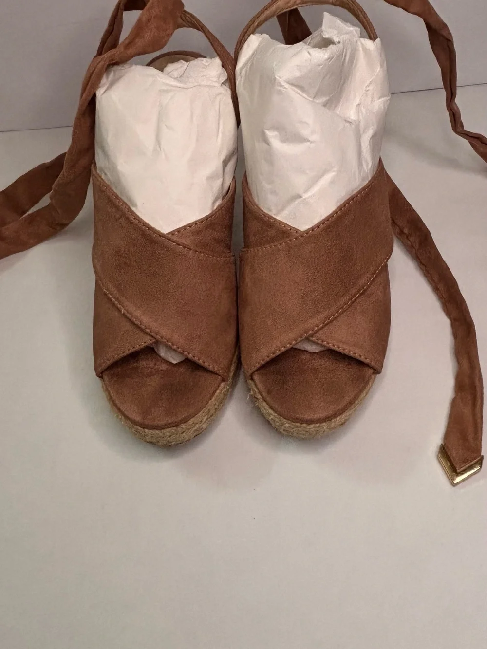 Bella Marie Faux Suede Wrap Espadrille Wedge Sandals in Brown Sz 7